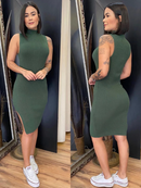 Vestido Luana Midi Com Fenda Lateral Malha Canelada
