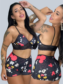 Baby Doll Stitch Estampado Cropped C/ Renda