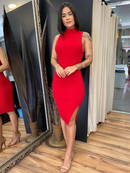Vestido Luana Midi Com Fenda Lateral Malha Canelada