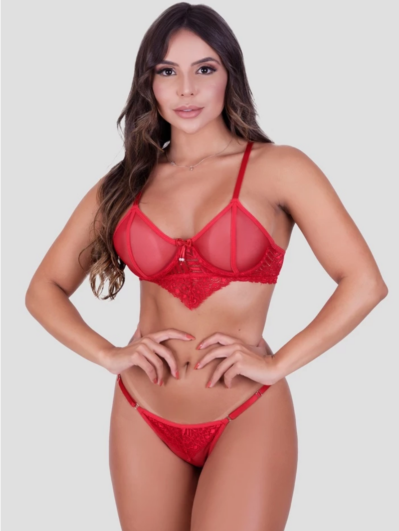 Conjunto Lingerie Tule e Renda Transparente Com Aro