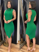 Vestido Luana Midi Com Fenda Lateral Malha Canelada