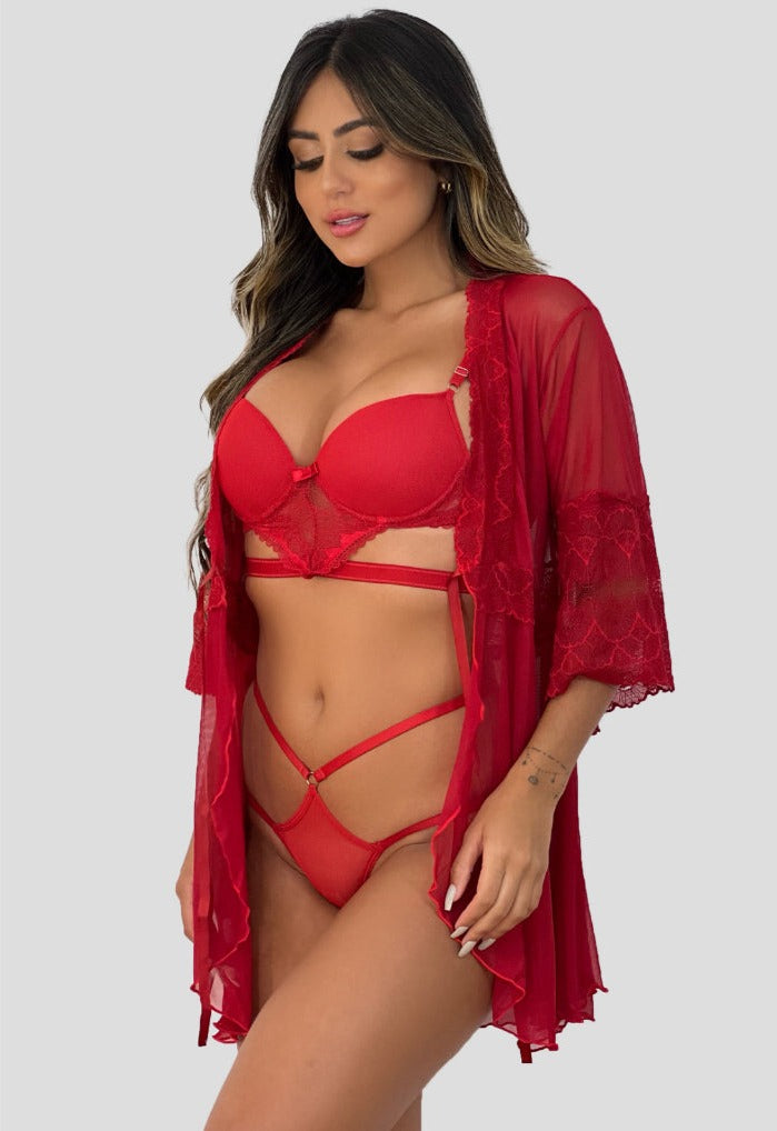 Kit Robe De Tule + Conjunto Lingerie Com Bojo Strapy