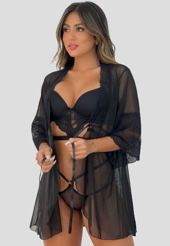 Kit Robe De Tule + Conjunto Lingerie Com Bojo Strapy