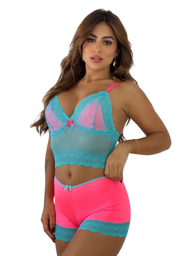 Baby Doll Sensual Short Doll Com Renda Bicolor Neon Pijama