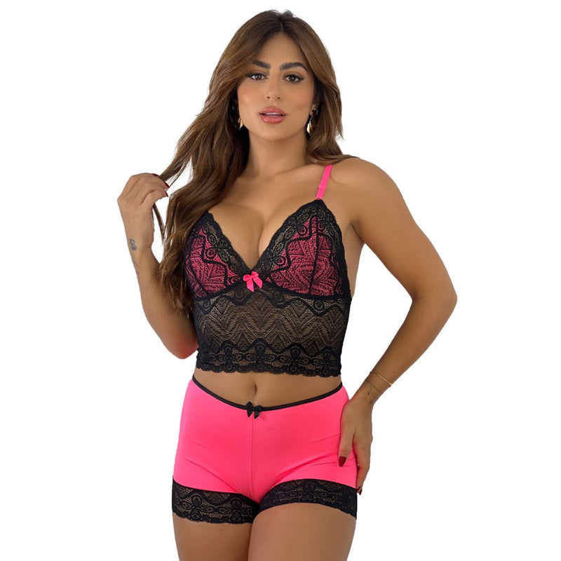 Baby Doll Sensual Short Doll Com Renda Bicolor Neon Pijama