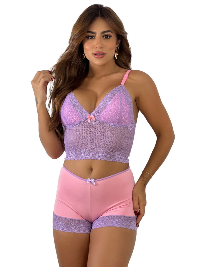 Baby Doll Sensual Short Doll Com Renda Bicolor Neon Pijama