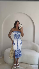 Vestido Estampado Luxo Tomara Que Caia Com Fenda Mídi Ribana